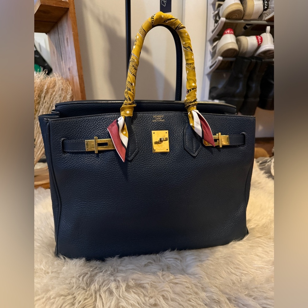 Hermes Birkin 35 Clemence GHW Blue Indigo Vintage Fair Used Condition Authentic
